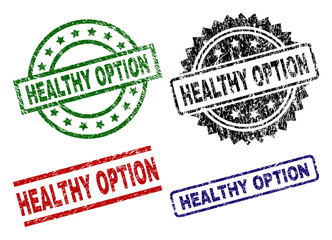 HEALTHY OPTION seal prints with distress style. Black, green,red,blue vector rubber prints of HEALTHY OPTION label with grunge style. Rubber seals with round, rectangle, rosette shapes.