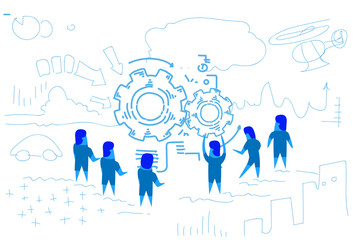 Fototapeta na wymiar business people around gear wheel processing mechanism process teamwork brainstorming strategy concept horizontal sketch doodle vector illustration