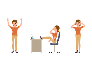 Unhappy office woman cartoon character. Upset lady manager sitting, standing, talking on phone