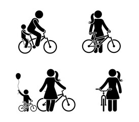 Stick figure man and woman bicycle icon. Riding bike happy people