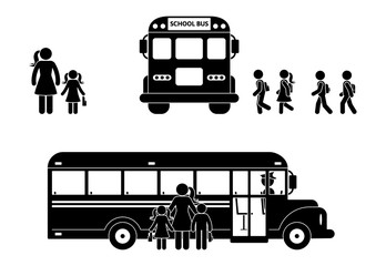 School boys and girls walking to bus stick figure. Mother and children together