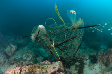 An abandoned ghost fishing net entangled on a murky, damaged tropical coral reef in Myanmar - obrazy, fototapety, plakaty