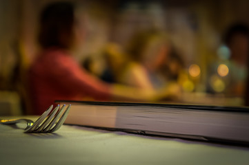 Macro of a fork on the table with a book