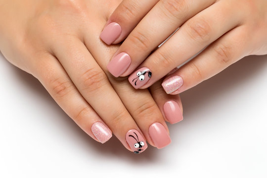 beige pink manicure with sequins and an ant on square short nails