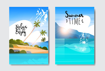 set summer sunrise landscape tropical beach badge Design Label Season Holidays lettering for logo Templates invitation greeting card prints and posters vector illustration