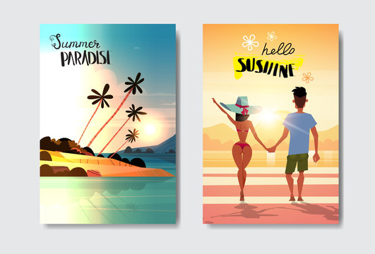 set man woman couple holding hands looking sunset rear view summer vacation tropical beach badge Design Label. Season Holidays lettering for logo,Templates, invitation, greeting card, prints and