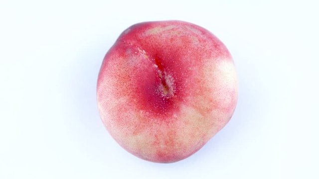 Top view from above of man hand placing one doughnut flat peach one the turntable isolated on the white background. Close-up. Macro.