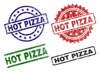 HOT PIZZA seal prints with damaged texture. Black, green,red,blue vector rubber prints of HOT PIZZA title with dirty texture. Rubber seals with round, rectangle, rosette shapes.