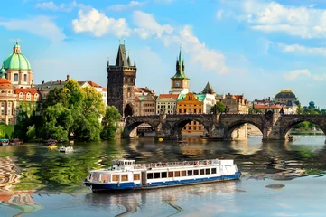 Zelfklevend Fotobehang Touristic boat in Prague © Givaga