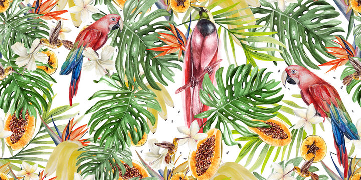 Beautiful watercolor tropical pattern with parrots and flowers of hibiscus and strelitzia. Tropical fruits papaya and bananas.