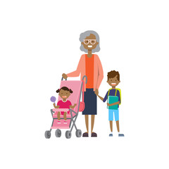 african grandmother with baby grandchildren in stroller, multi generation family, full length avatar on white background, successful family concept, tree of genus flat cartoon design vector