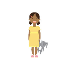 african girl with toy full length avatar on white background, successful family concept, flat cartoon vector illustration