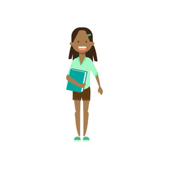 african school girl with book , full length avatar on white background, successful study concept, flat cartoon design vector illustration