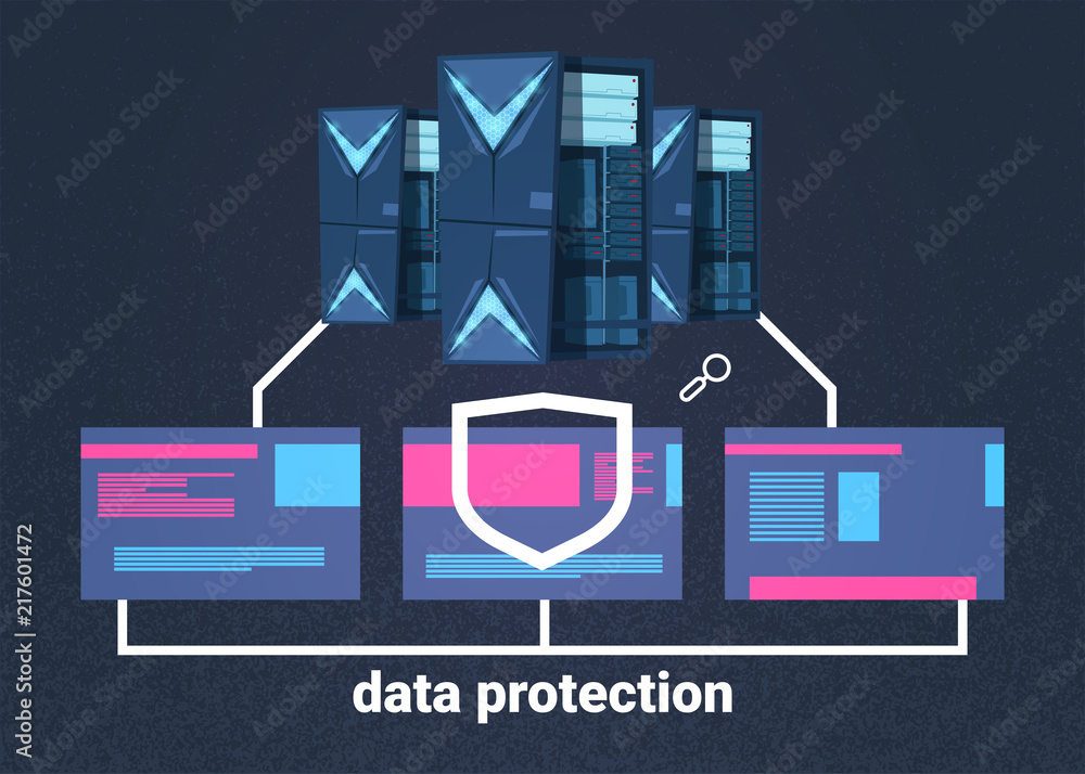 Poster data protection computing center with hosting servers infographic, network and database, internet ce
