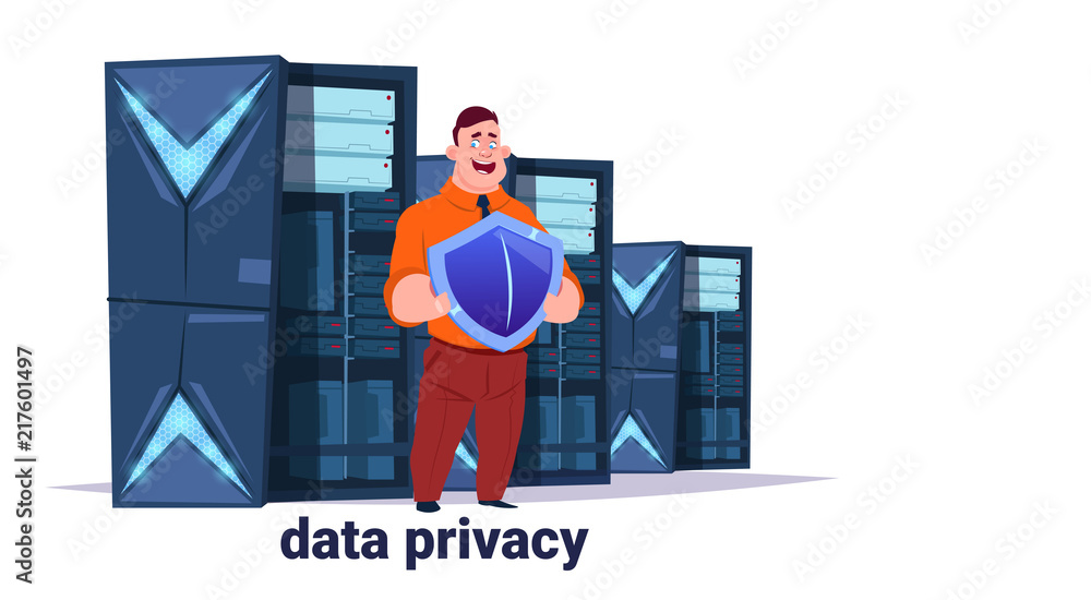 Poster man with shield on data storage center with hosting servers and staff. computer technology, network 