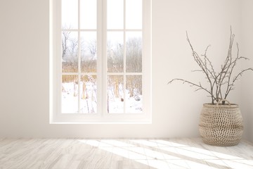 White empty room with winter landscape in window. Scandinavian interior design. 3D illustration