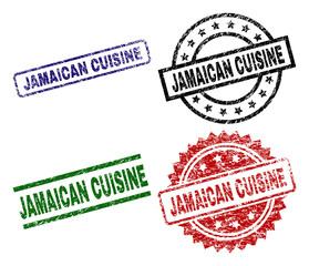 JAMAICAN CUISINE seal prints with distress surface. Black, green,red,blue vector rubber prints of JAMAICAN CUISINE title with scratched surface. Rubber seals with circle, rectangle, medallion shapes.