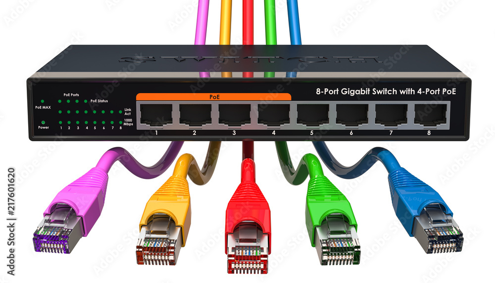 Poster 8 port gigabit ethernet switch with colored lan cables. 3d rendering