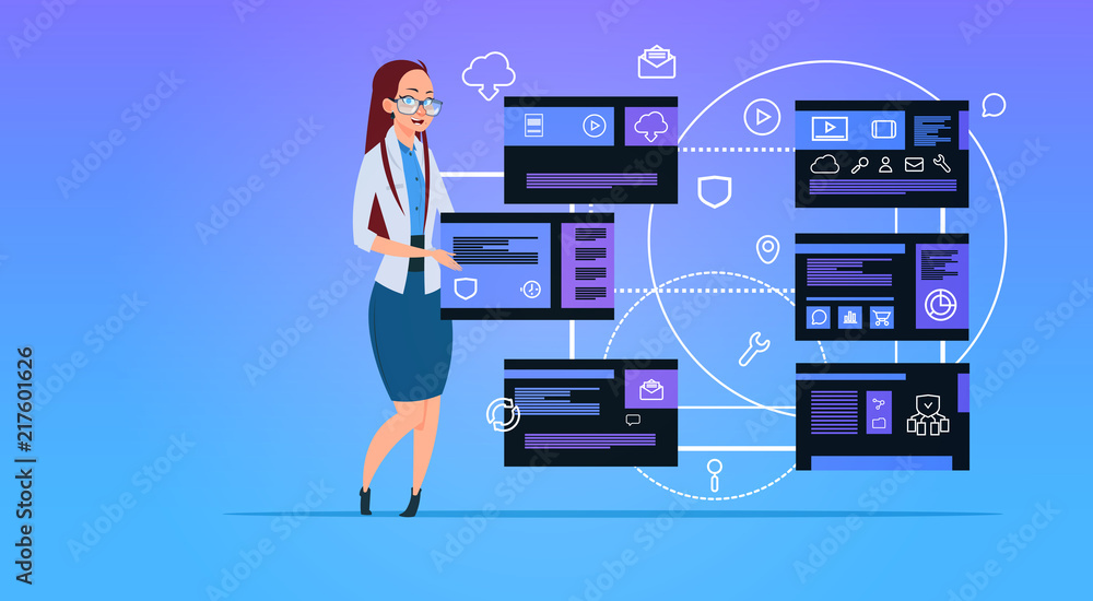 Poster businesswoman over data privacy computing center with hosting servers infographic, network and datab