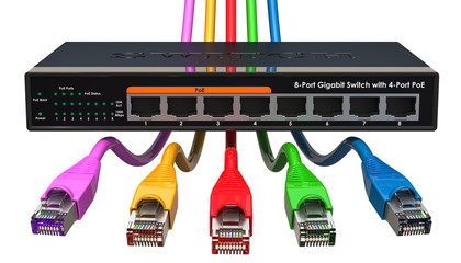 8 port Gigabit Ethernet switch with colored lan cables. 3D rendering - obrazy, fototapety, plakaty
