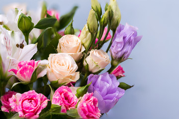 Closeup beautiful flowers in pastel colors on a blue background. Greeting card, Mom's day, wedding invitation, birthday .Copy space.