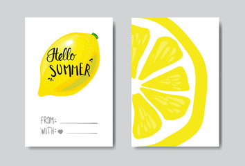 set hello summer lemon badge Isolated Typographic Design Label. Season Holidays lettering for logo,Templates, invitation, greeting card, prints and posters. vector illustration