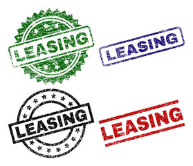 LEASING seal prints with distress surface. Black, green,red,blue vector rubber prints of LEASING caption with dirty surface. Rubber seals with circle, rectangle, rosette shapes.