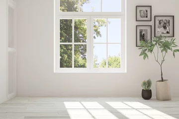 Fotobehang White empty room with summer landscape in window. Scandinavian interior design. 3D illustration © AntonSh