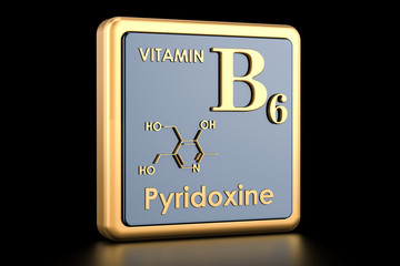 Vitamin B6, pyridoxine. Icon, chemical formula, molecular structure. 3D rendering