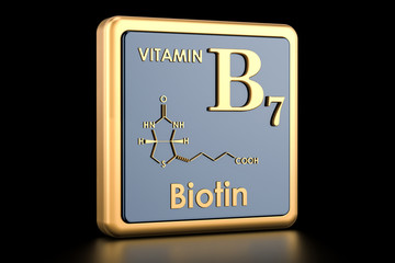 Vitamin B7, biotin. Icon, chemical formula, molecular structure. 3D rendering