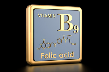 Vitamin B9, folic acid. Icon, chemical formula, molecular structure. 3D rendering