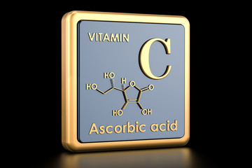 Vitamin C, ascorbic acid. Icon, chemical formula, molecular structure. 3D rendering
