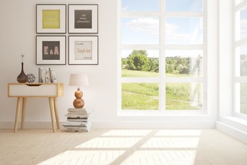 White empty room with summer landscape in window. Scandinavian interior design. 3D illustration