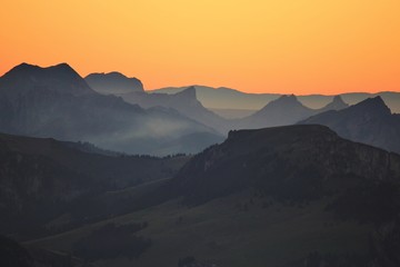 Mountains in the Bernese Oberland at sunset. View from Mount Niesen, Switzerland.