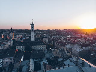 aerial view of old european city on sunset