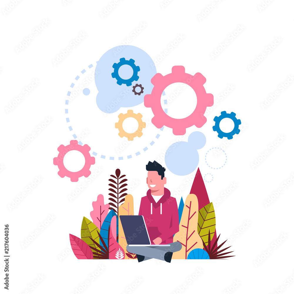 Aufkleber hipster hard working process wheel gear generating processing concept background flat vector illustr