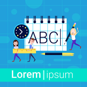 office and school supplies man girl character notebook puler working together concept for design work and animation full length flat copy space vector illustration