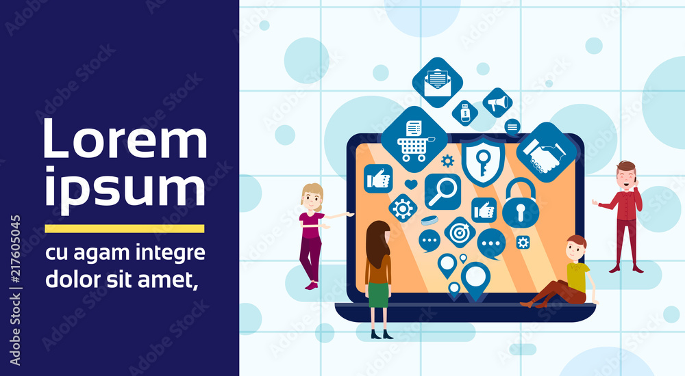 Poster laptop man woman team working network applications icons social media networking concept for design 