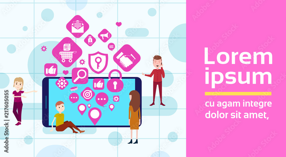 Poster mobile app man woman team network applications icons social media networking concept for design work