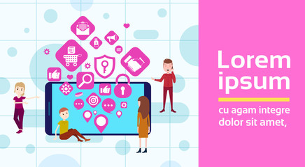 mobile app man woman team network applications icons social media networking concept for design work and animation horizontal flat vector illustration