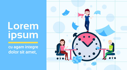 clock deadline girl hold megaphone character working together office desk concept for design work and animation full length flat copy space horizontal vector illustration