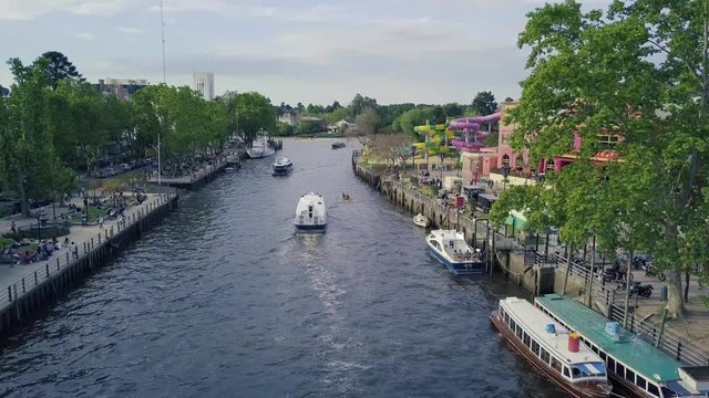 Boats on the Lujan River, Tigre, Buenos Aires, Argentina &ndash; Beautiful 4k drone video of boats at Tigre and Puerto de Frutos on a sunny afternoon in the Capital City