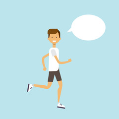 man activity running chat bubble male character full length on blue background flat vector illustration