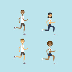 Fototapeta na wymiar set diversity man woman running mix race male female character full length on blue background flat vector illustration