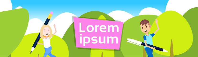 Naklejka premium man girl character hold pencil pen template for design work and animation over green landscape background portrait flat banner copy space vector illustration