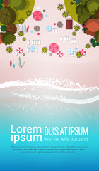 summer beach vacation top angle view sand colorful umbrella tropical beach holiday vertical copy space flat vector illustration