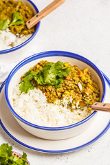 Lentil curry with rice, Indian cuisine, tarka dal, white background. Vegan food.