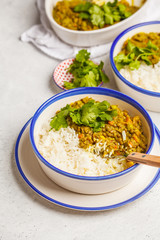 Lentil curry with rice, Indian cuisine, tarka dal, white background. Vegan food.