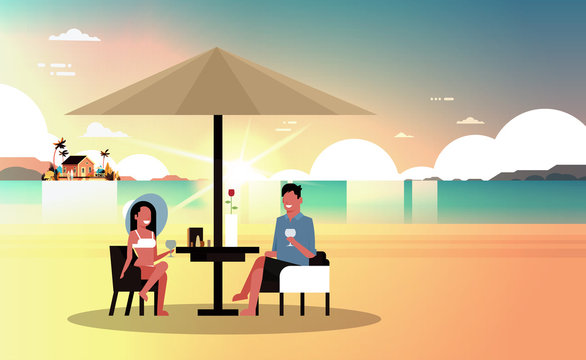 couple summer vacation man woman drink wine umbrella on sunset beach villa house tropical island horizontal flat vector illustration