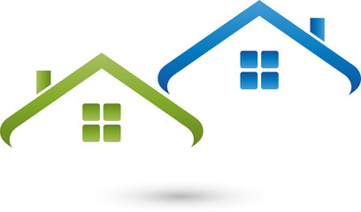 Zwei Häuser, Dächer, Immobilien und Dachdecker Logo